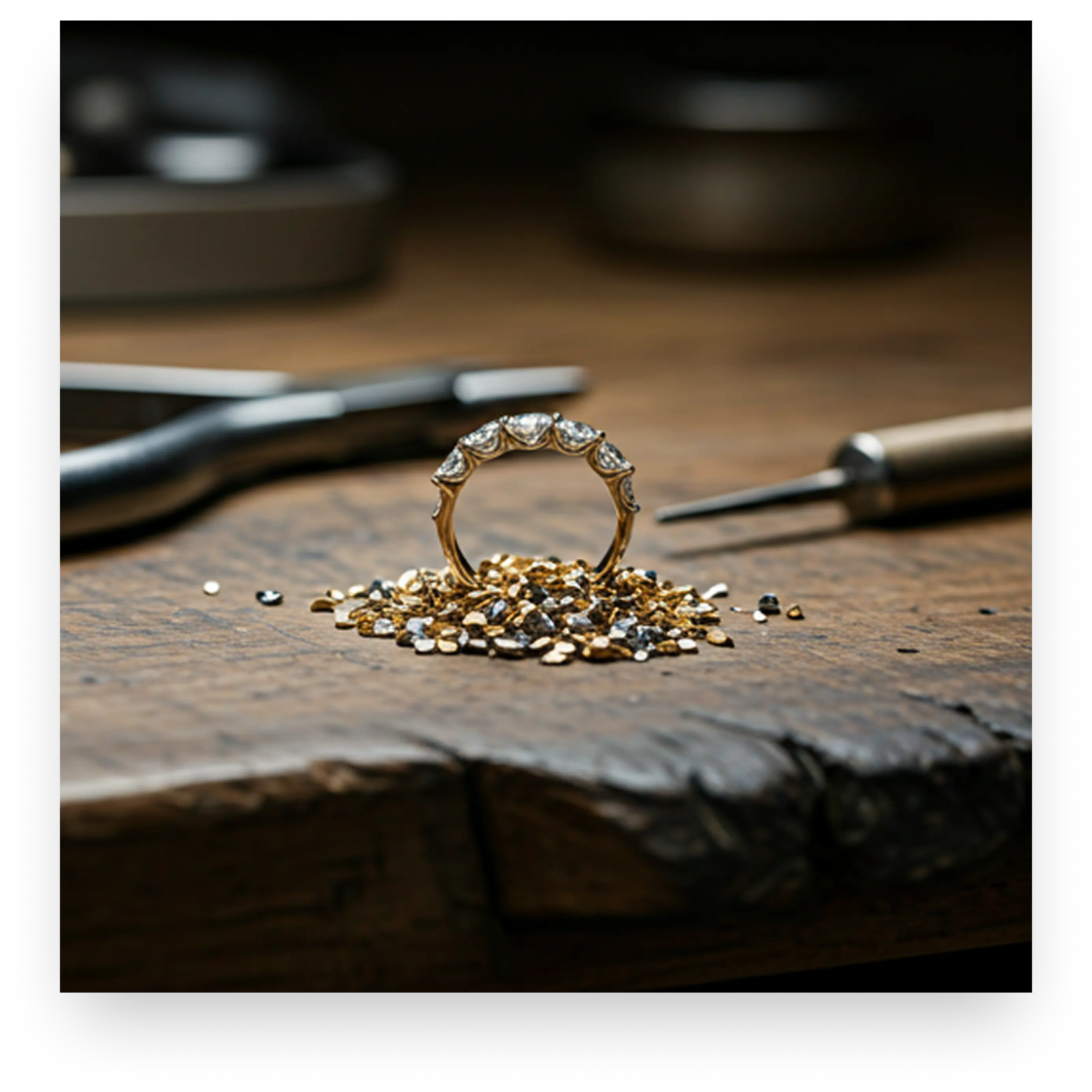 Jewellery artisan workbench with diamonds and tools