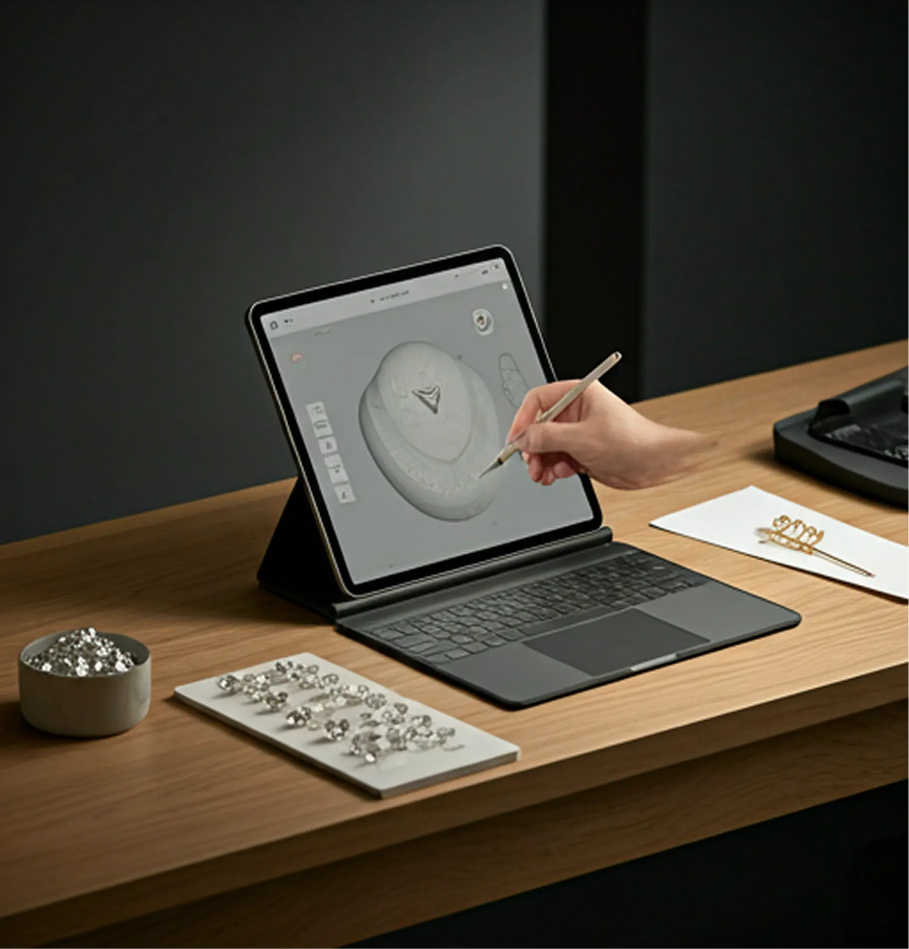 Designer sketching a jewellery commission with diamonds nearby